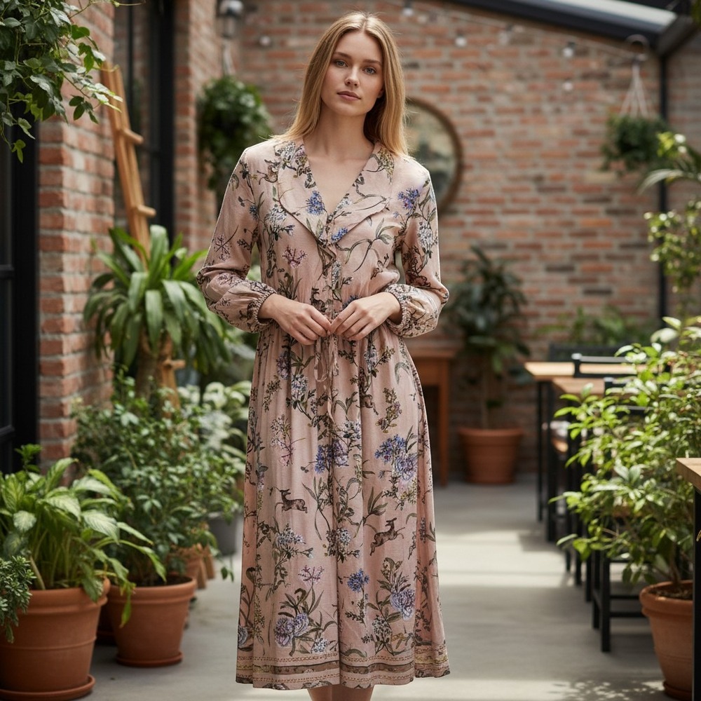 Seventy Venezia Pink Floral Deer Print Midi Dress Peter Pan Collar Cottagecore